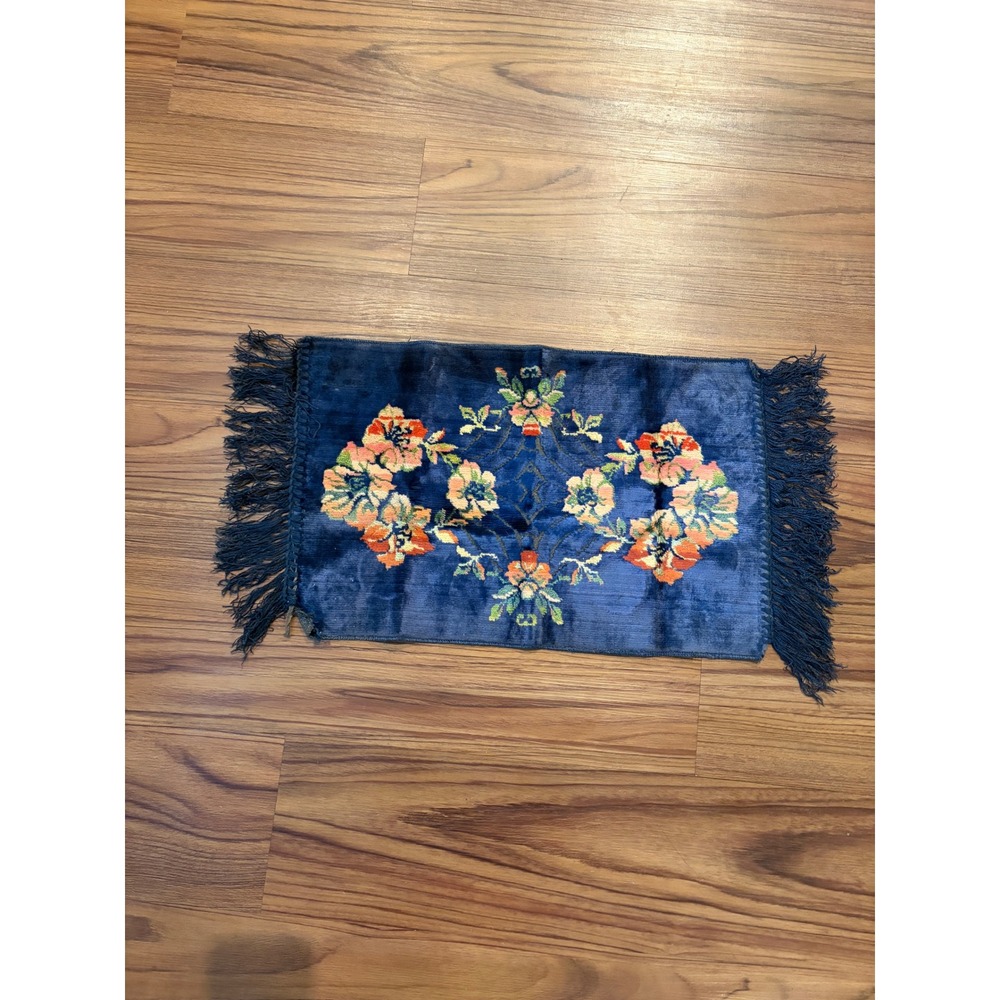 Vintage Chinese Art Deco Silk Velvet Rug Mat Blue Floral Table Runner Fringe 20"